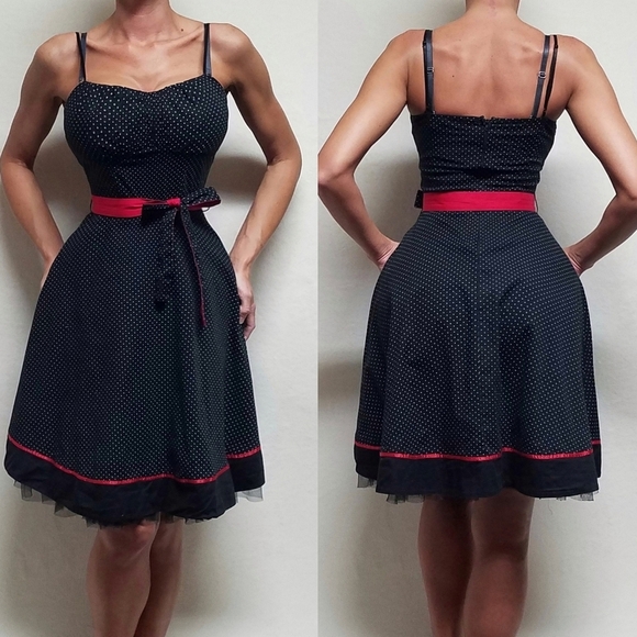 Vintage Dresses & Skirts - 90s Vintage Ruby Rox Black Red Polka-dot Tie-Waist Tulle Fit & Flare Midi Dress